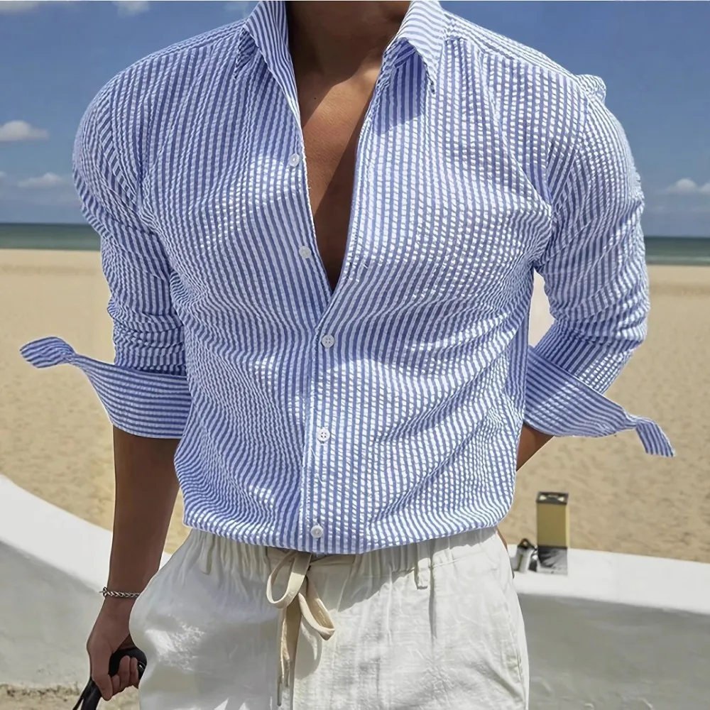 

Men's Fashionable Striped Cardigan Lapel Long Sleeve Shirt Breathable Sweat-absorbing