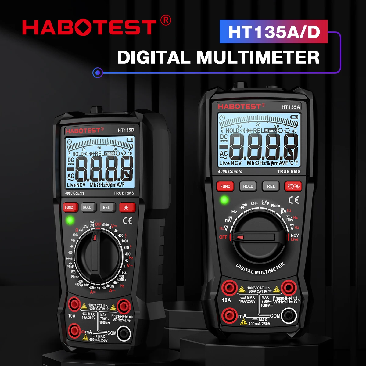 HABOTEST HT135 Digital Multimeter 1000V 10A 4000 Counts AC/DC Transistor Tester Electrical NCV Test Meter Profesional Multimetr