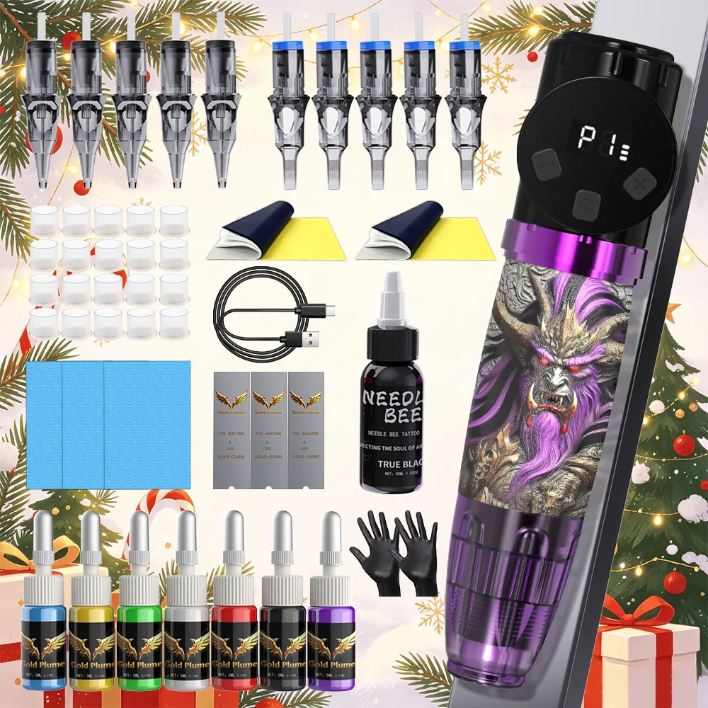 Demon Pattern Cordless Rotary Tattoo Pen Kit Digital Display Complete Beginner Tattoo Set