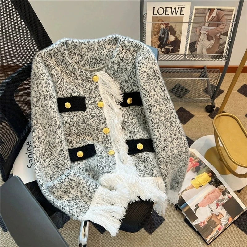 

Винтажный укороченный вязаный кардиган, женский элегантный лоскутный свитер с кисточками, верхняя одежда, трикотаж с корейским принтом, зимние дизайнерские джемперы