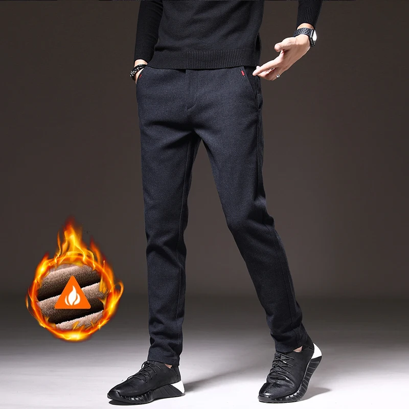 Winter Warm Men\'s Brushed Casual Pants Business Straight Slim Thick Fleece Trousers Plush Brand Male Clothes 28-38