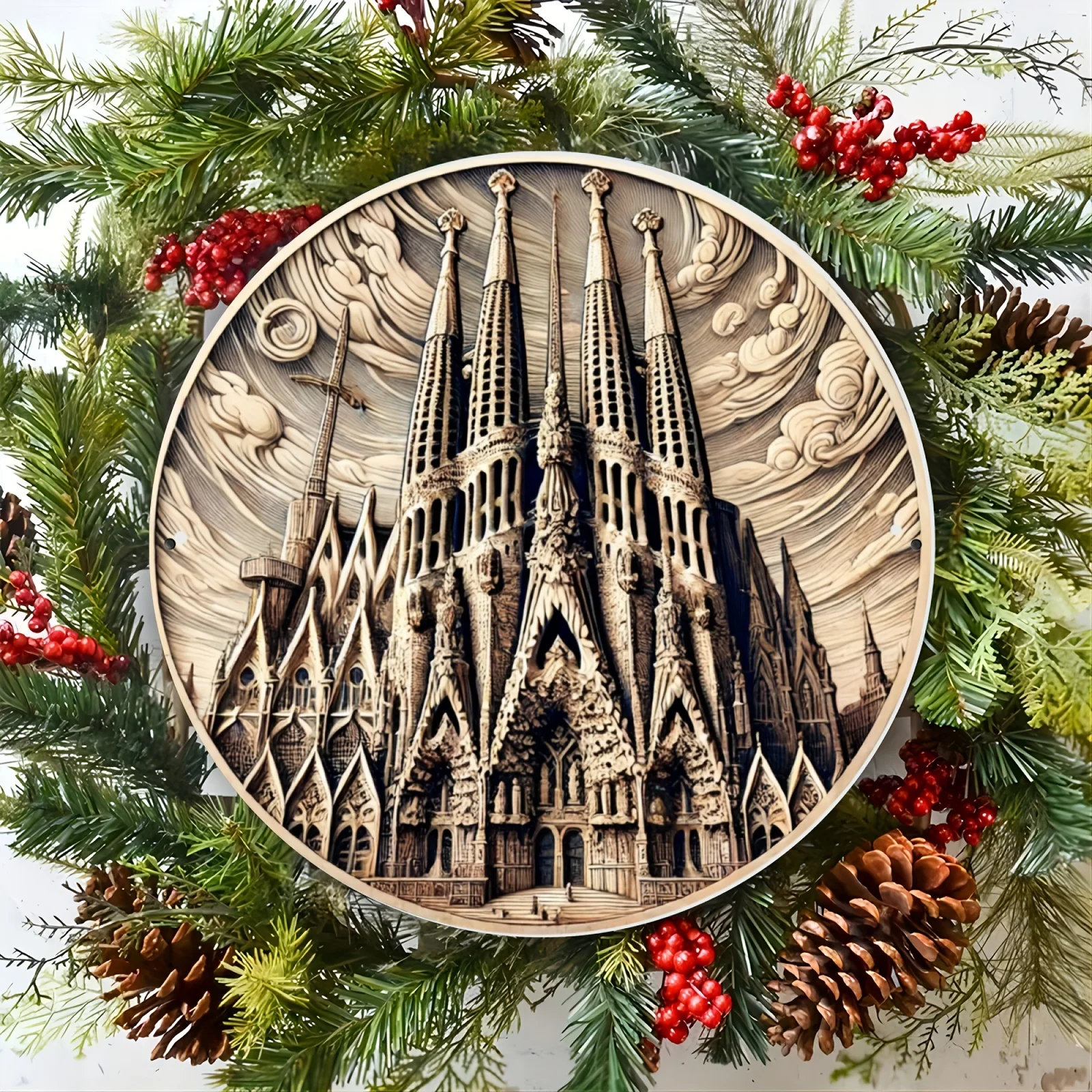 Vintage Style Sagrada Familia Barcelona Circular Decorative Art - Aluminum Poster Plate, Round 2D Wall Art for Home, Bedroom