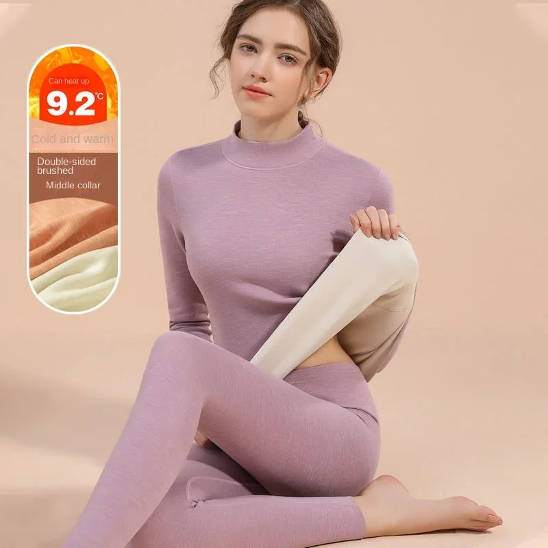 

Thermal Underwear Sets Women Mid- Collar Winter Warmth High Stretch Base Thick Velvet Tops Trousers Seamless Lingerie