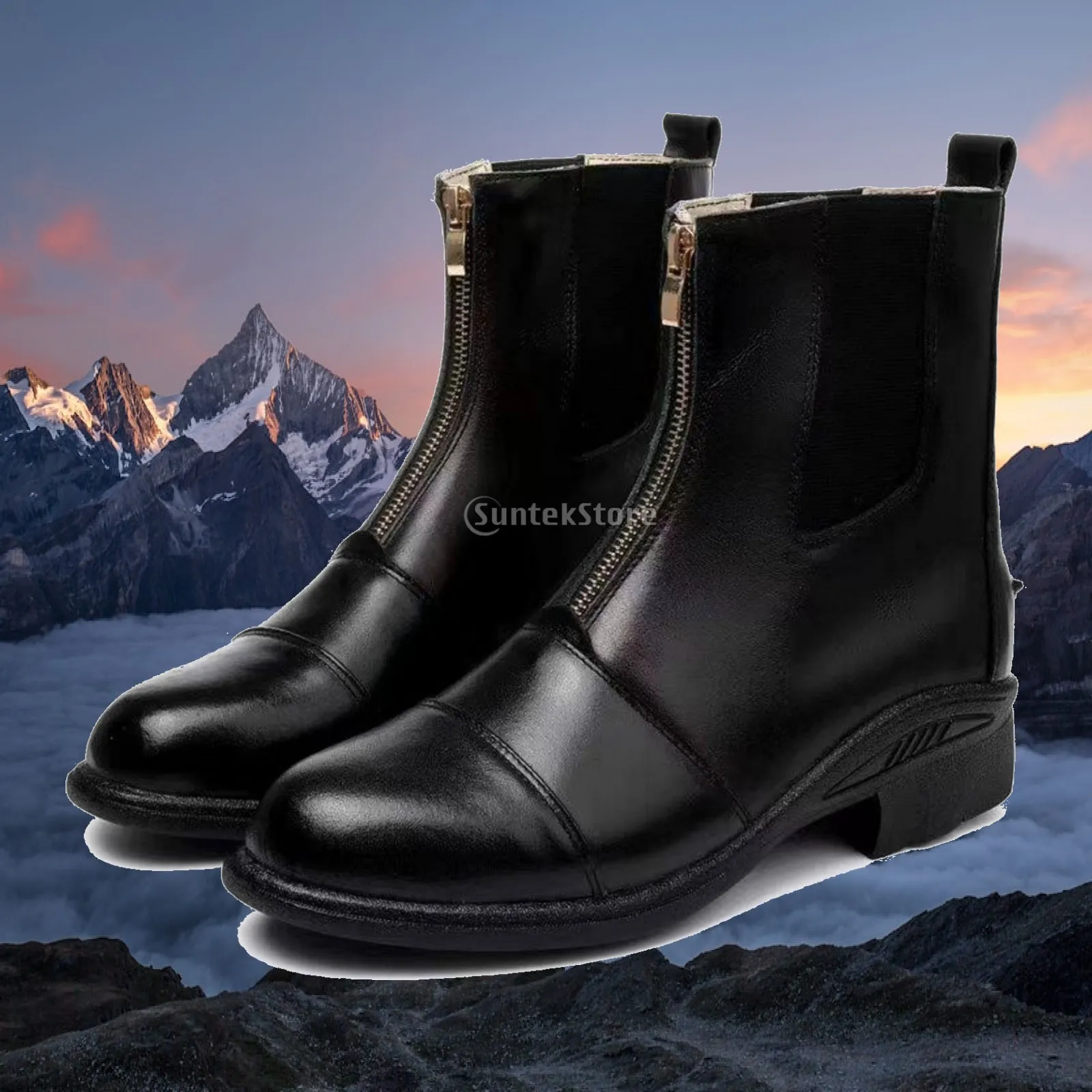 Cowhide Riding Boots for Women Chunky Heel Ankle Boots Leather Side Zipper Footwear Durable Stable Stylish for Town Barn