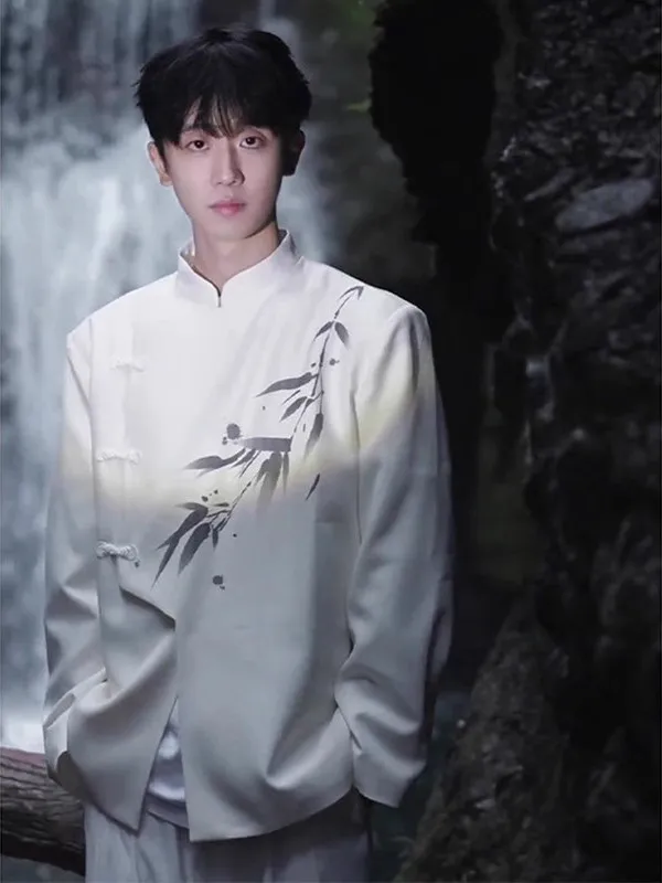 

New Chinese Sle Wedding Suit Men's Casual Western Coat Ink And Bamboo Button White High-End Feeling Haome Zhongan Coat
