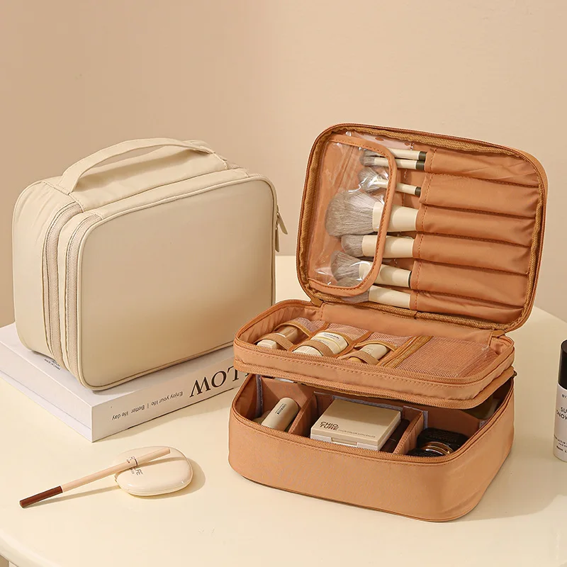 Large-Capacity Cosmetic Bag Double-Layer Toiletry Beauty Tool Organizer with Dividers; Portable Oxford Cloth Travel Handbag