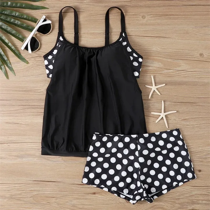 2 Piece Women's Plus Size Swimwear Spliced Polka Dot Print Split Trunks Swimsuit Summer 2025 New Casual Beachwear Bathing Suit