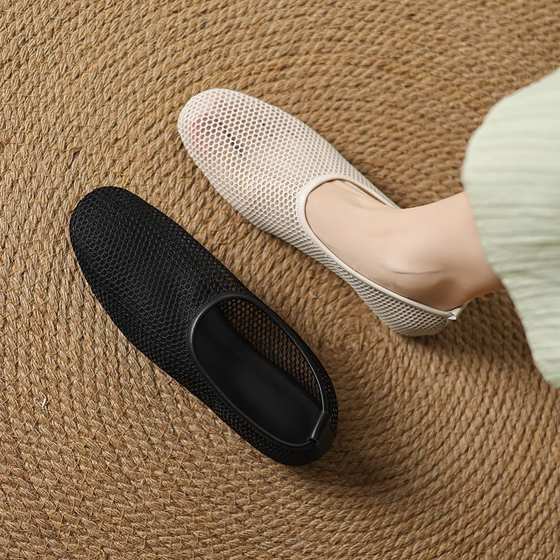 2026 new summer women sandals natural leather plus size 22-29cm mesh+cowhide+sheepskin  hollow-out low heel women shoes fashion