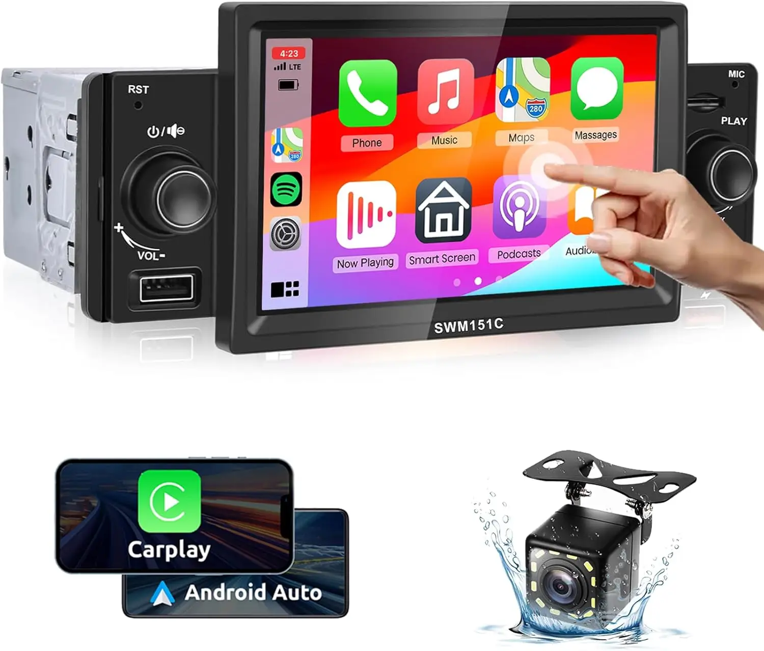 

Автомобильная стереосистема Bluetooth 5,1 дюйма с Apple CarPlay, Android Auto, сенсорным экраном HD, FM-радио, резервной камерой, USB/TF/AUX