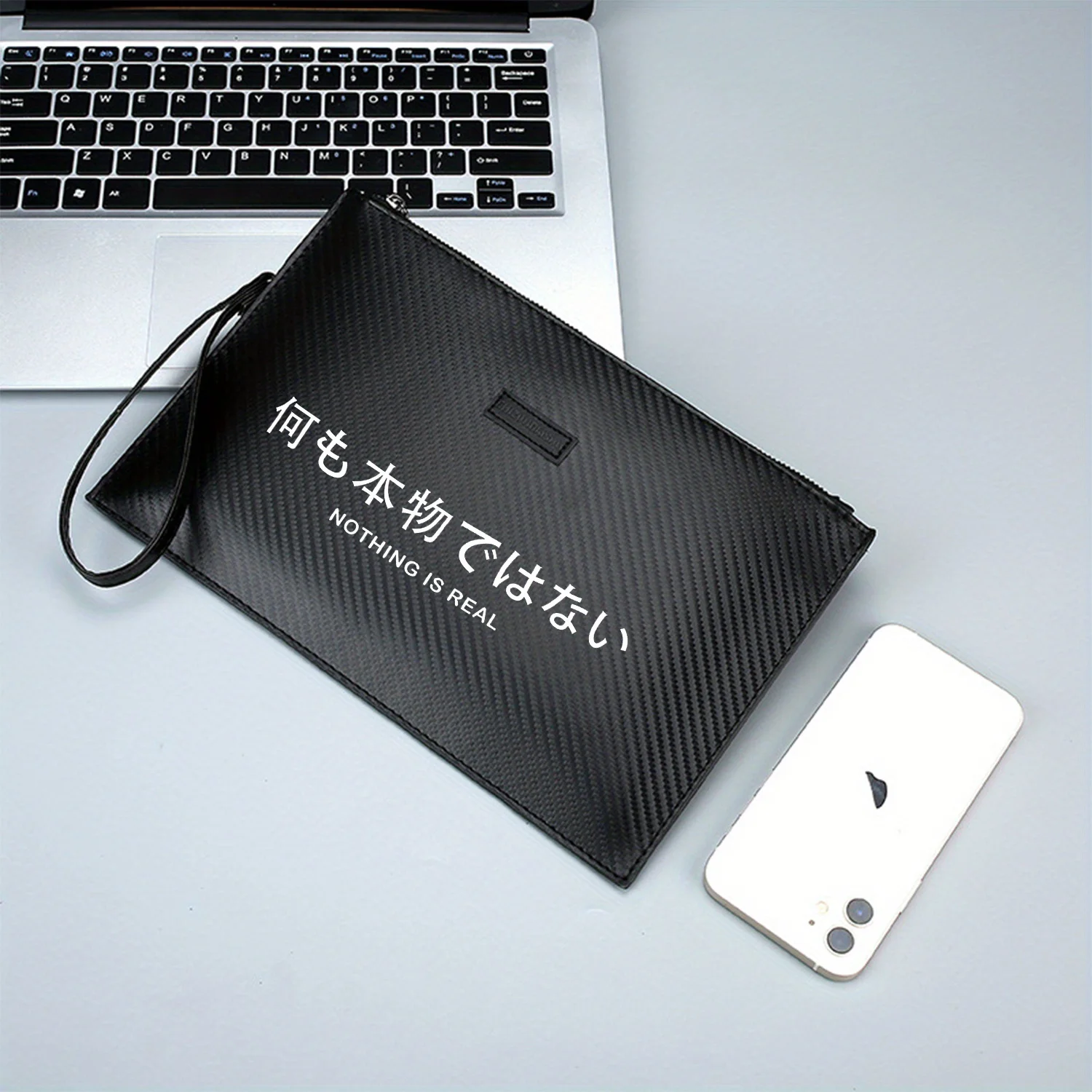 Japanese text,English sentence on dark background Elegant Printed PU Men's Handbag Fashionable and Practical for Everyday Carry