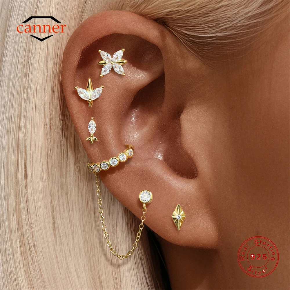 

CANNER 1PC Horse Eye Leaves Zircon 925 Sterling Silver Puncture Ear Bone Nail For Women Ins Four Petal flower Exquisite Earring