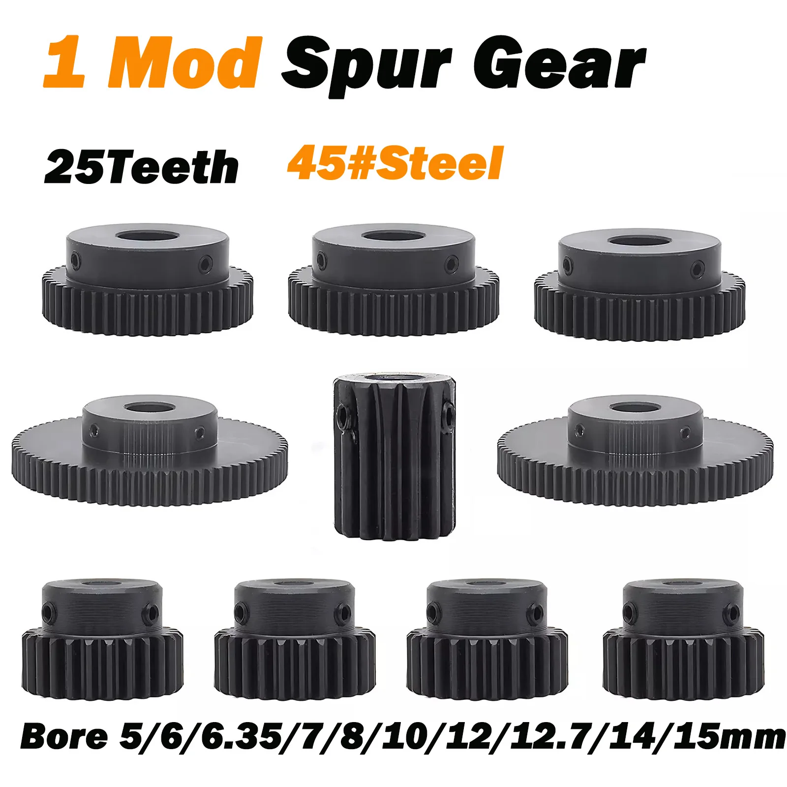 1 engranaje recto 1 Mod 25 dientes 45 # Piñón de acero con piñón de transmisión de motor paso a paso, diámetro de 5/6/6,35/7/8/10/12/12,7/14/15mm