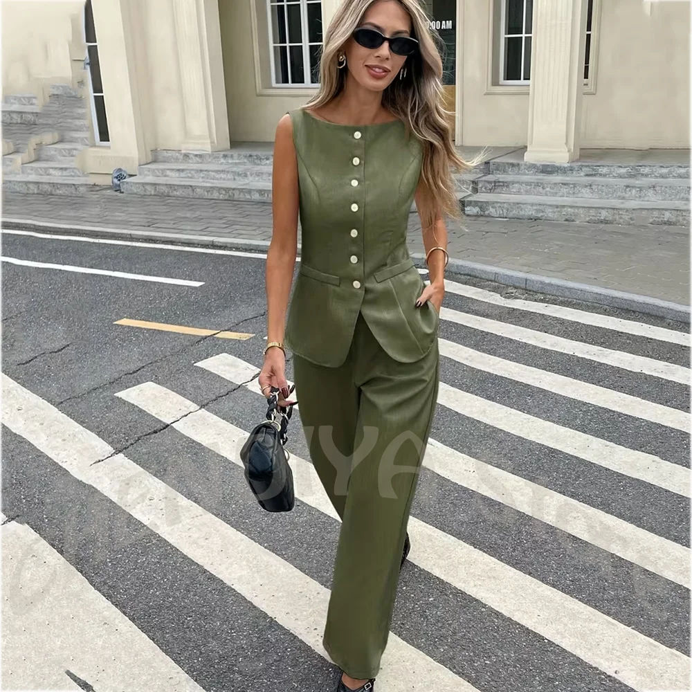 

Olive Green Women's 2-Piece Outfit Sleeveless Single Breasted Slim Fit Formal Occasion Business Casual Suit for Office Ladies
