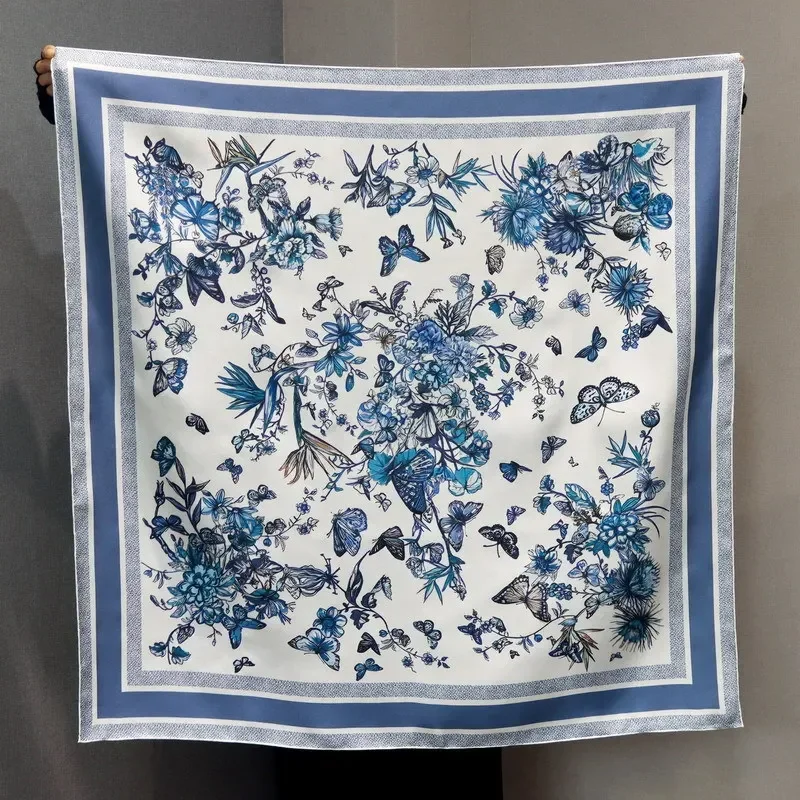 High-end Elegant Women\'s Exquisite Love of Butterfly Print Quality 14MM Twill Silk Hand-rolled Edge All-match Square Scarf