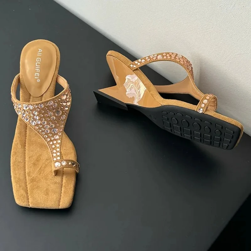 

Fashion Wedges Slippers Women Rhinestone Summer New Open Toe High Heels Sandals Ladies Designer Brand Flip Flops Female Slides