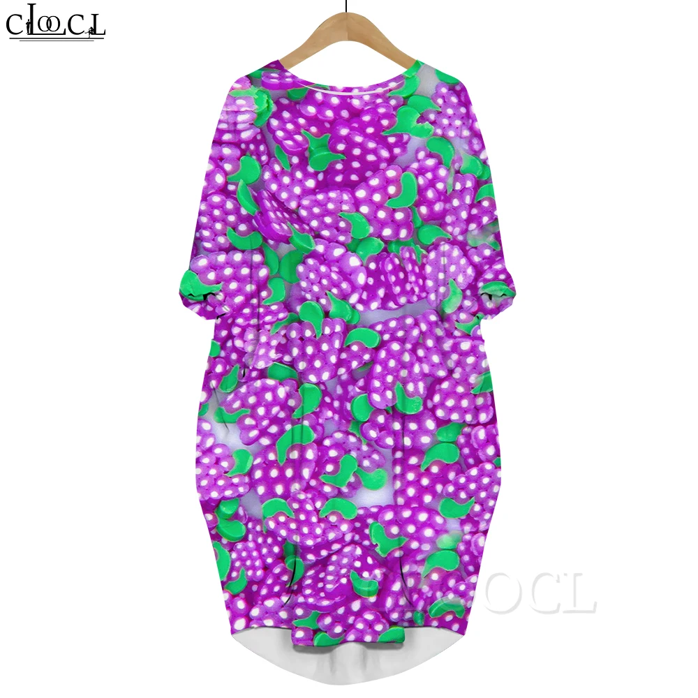 

CLOOCL New Harajuku Purple Long Sleeves Dress Fruit Graphics 3D Printed Soft Comfortable Pocket Dress Robe Dresses Dropshipping