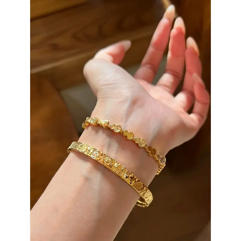 24k 999 gold bracelet with crushed ice texture, auspicious message bracelet for women, fortune-attracting, vintage new Chinese