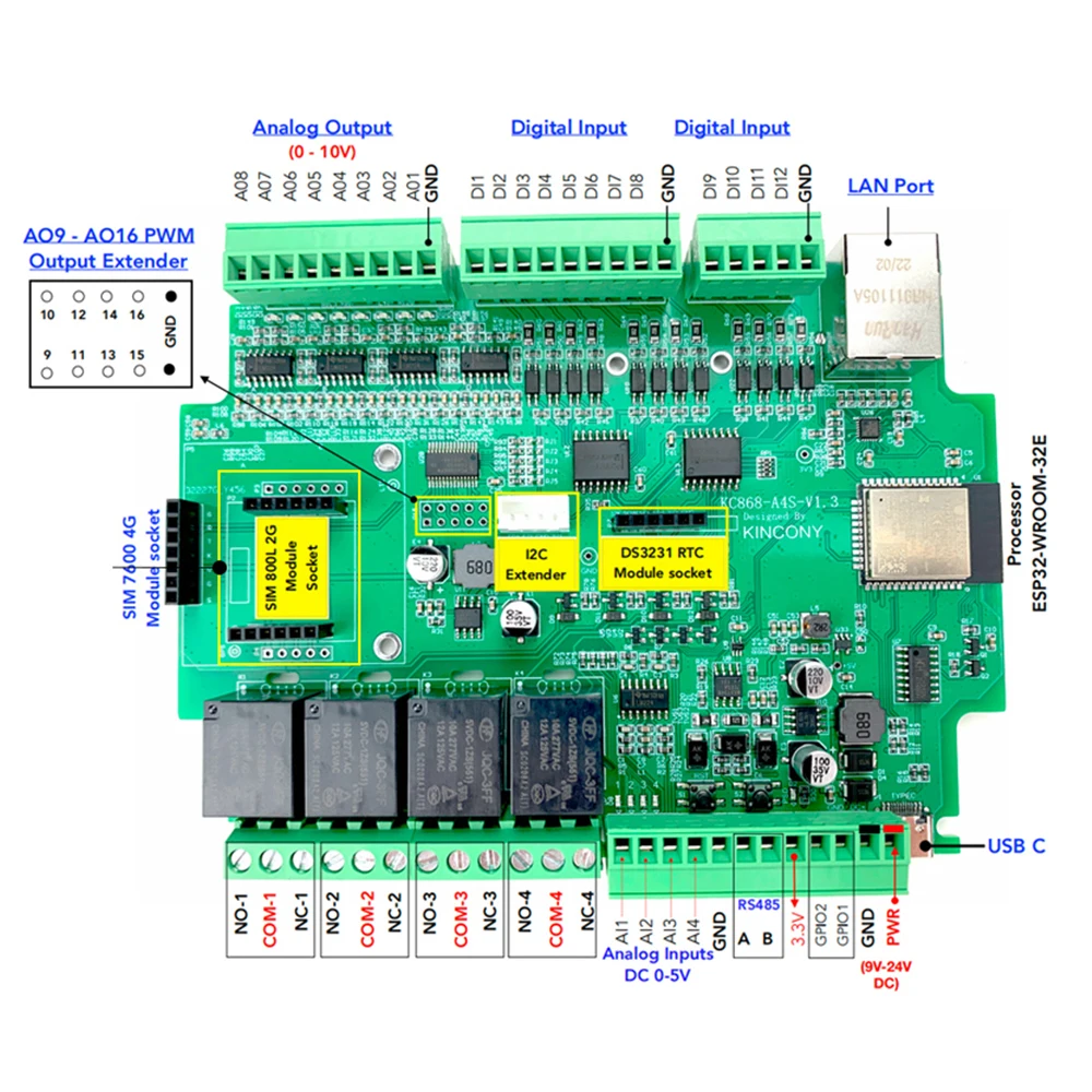 

KC868-A4S ESP32 2/4G GSM Module PWM Analog Output IIC DS3231 RTC GPIO ESPhome Tasmota Arduino IDE MQTT HTTP TCP RS485 Modbus