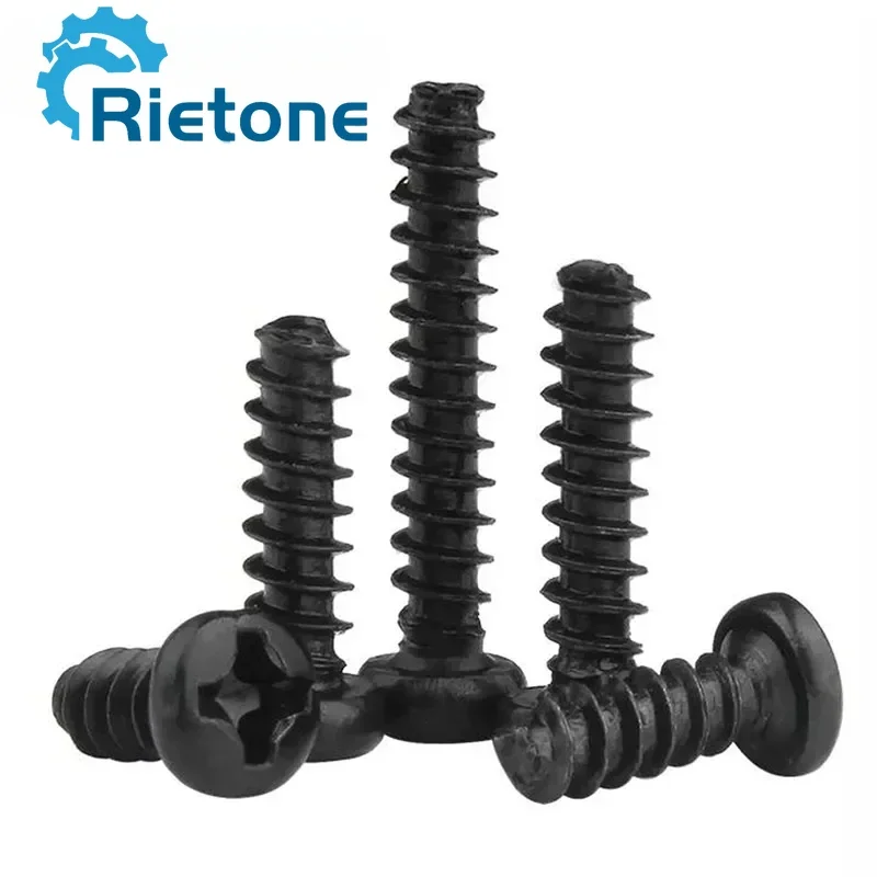 100pcs Black Carbon Steel Phillips Round Screw M1.2 M1.4 M1.7 M2 M2.6 M3 M3.5 M4 M5 Cross Recessed Pan Head Self tapping Screw