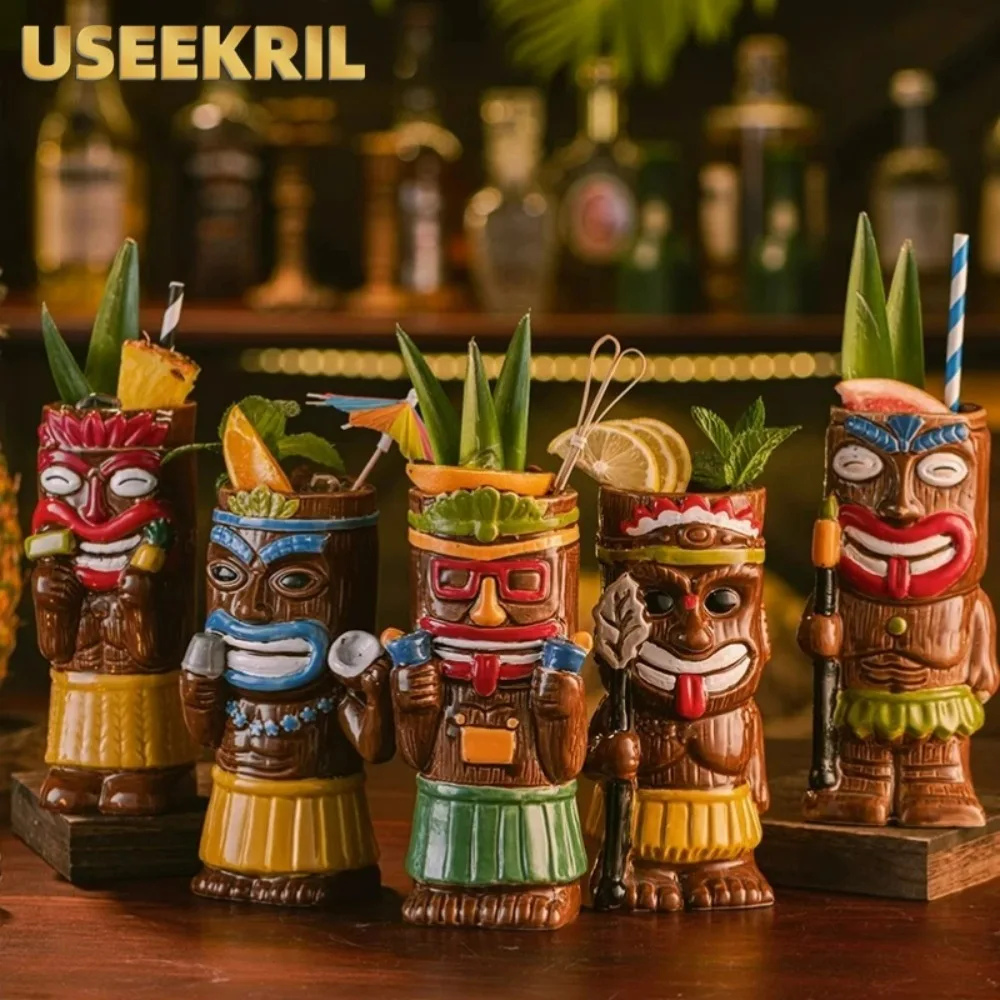 

Hawaiian Style Brown Tiki Mug Creative Cocktail Cup Zombie Ceramic Drinkware For Tiki Bar Party