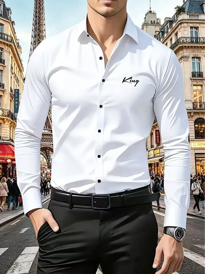 Men's Premium Business Casual Shirt with Letter King Slim Fit Long Sleeve Wrinkle Resistant Dress Shirt Multi Styles Available