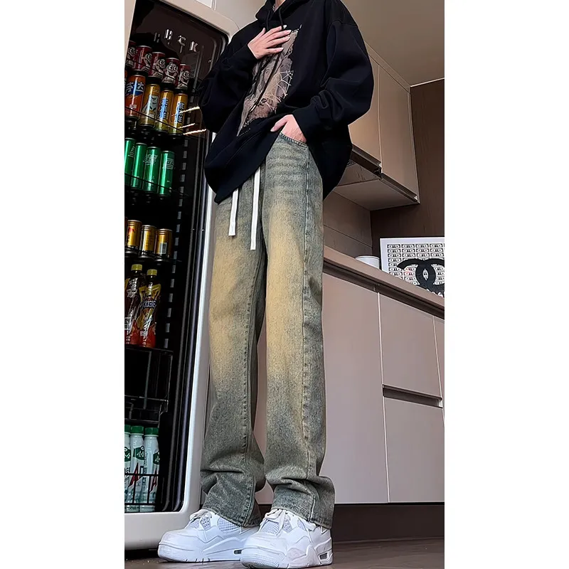 

American Retro Waed Mud Wide Leg Men's Jeans Elastic Waist Straight Tube Long Pants High Street Vibe Loose Fit Youth Faion