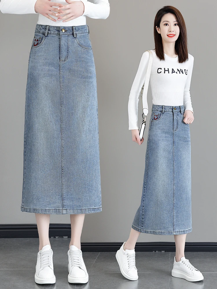 

Light Wash Denim Skirt High Waist Slit Mid-Length Straight Cut Bodycon Skirt Fashionable Spring Autumn Women's Clothing