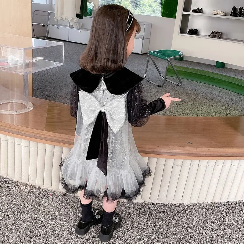 Girl Tulle Sequin Dress Children Birthday Party Ball Gown Princess Fashion Long Sleeve Bow Dresses for 2 4 6 8 10 Years Old Kids