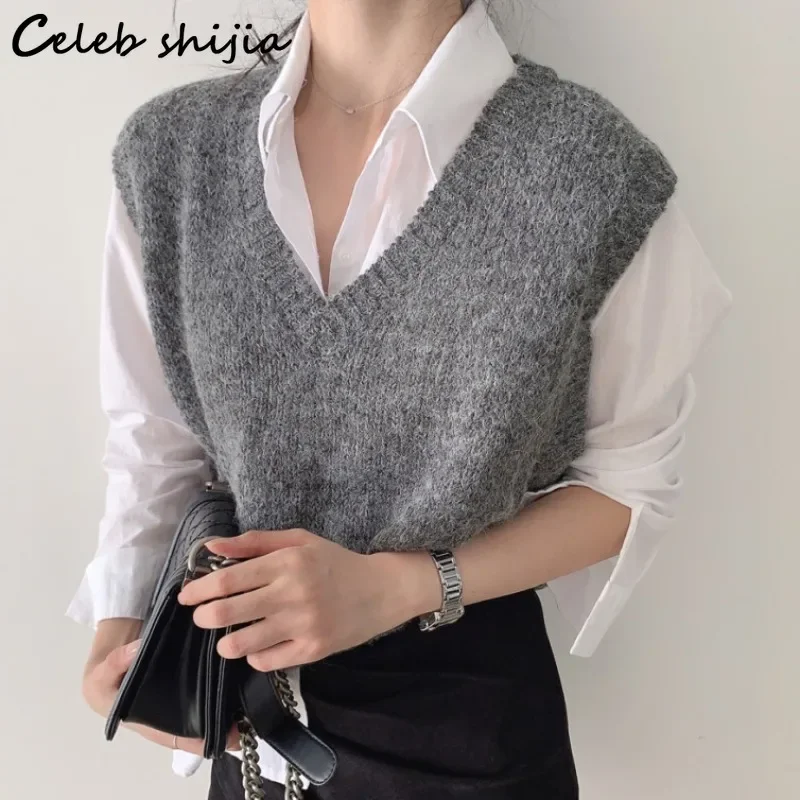 Gray Woolen Vest Women Jumpers Autumn Chic V-neck Sleeveless Sweater Female Korean Elegant Knitted Vest Ladies Winter