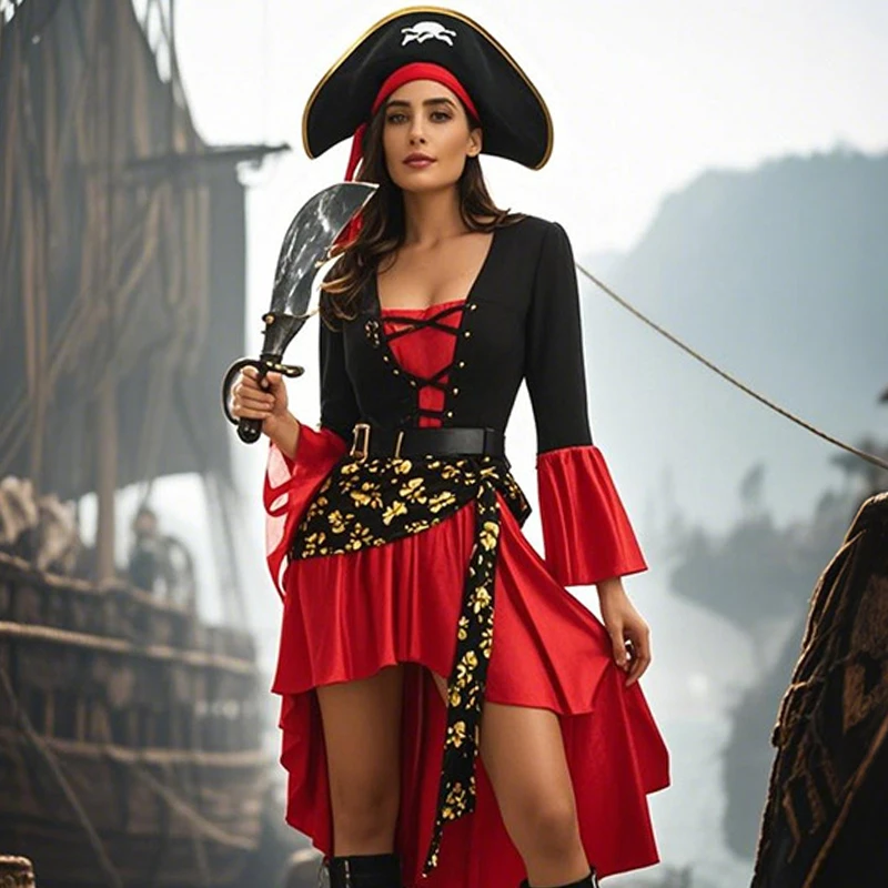

Halloween Costume Masquerade Red Pirate Cos Captain Jack Adult Female Pirate of The Caribbean Show Dress