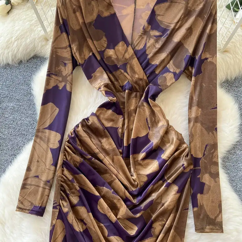 Seksowna sukienka z weluru z dekoltem w kształcie litery V, z wysokim stanem i plisami, sukienka letnia, sukienka wieczorowa dla kobiet