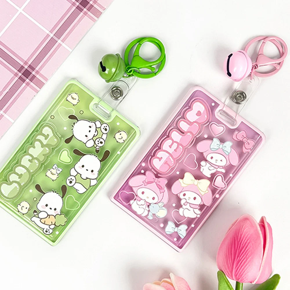 Kawaii Sanrio Hello Kitty Kuromi Acrylic Subway Bus ID Card Protective Sleeve Slide Cover Card Storage Case Keychain Pendant