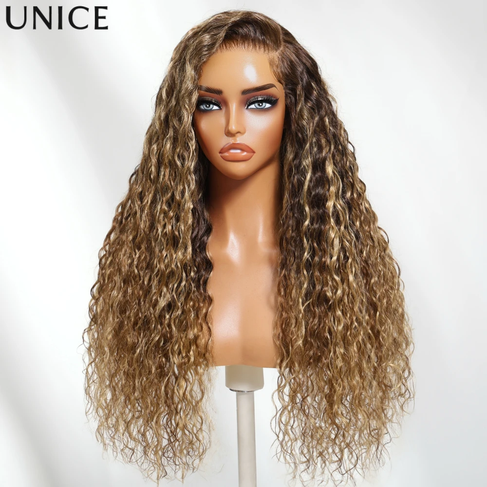 UNice Honey Blonde Highlights Water Wave Wig Side Part 13x4 Bye Bye Slip™ Lace Frontal Human Hair Wigs 150% Density