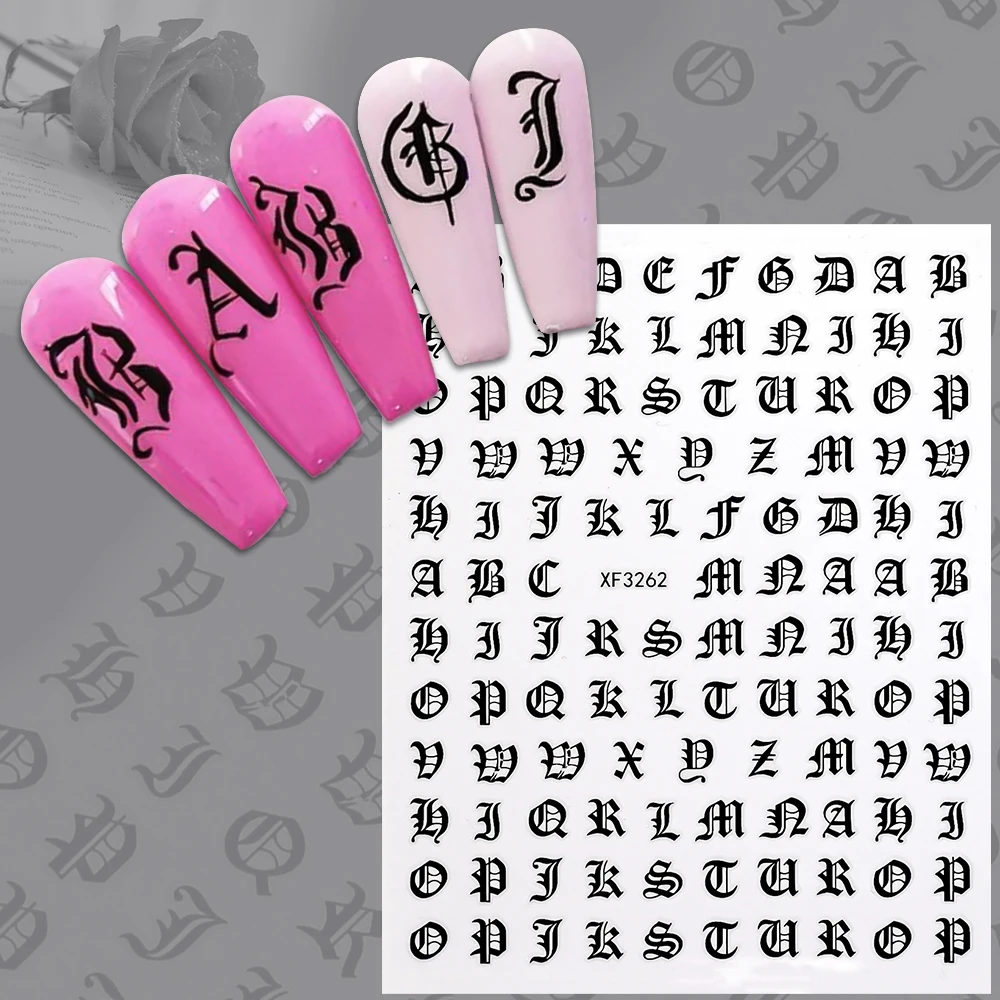 8 stks/set Gothic Letter Nail Art Stickers Holografisch Alfabet Ontwerp Nail Decal Lijm Hoofdletters Letter Nail Wraps Nail Decor *