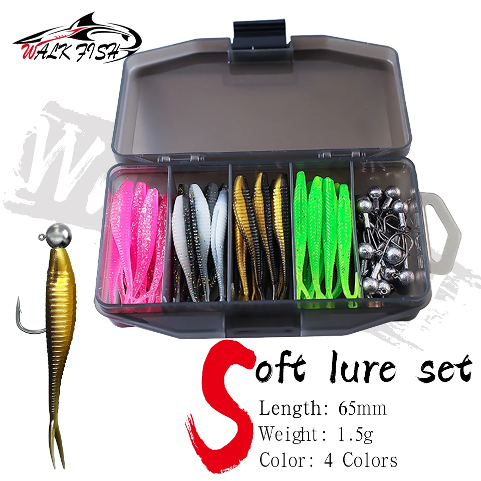 WALK FISH 56 Pieces/Set Silicone Fishing Lures Set Artificial Bait Metal Jig Head Hook with Box Fishing Equipment Accessories