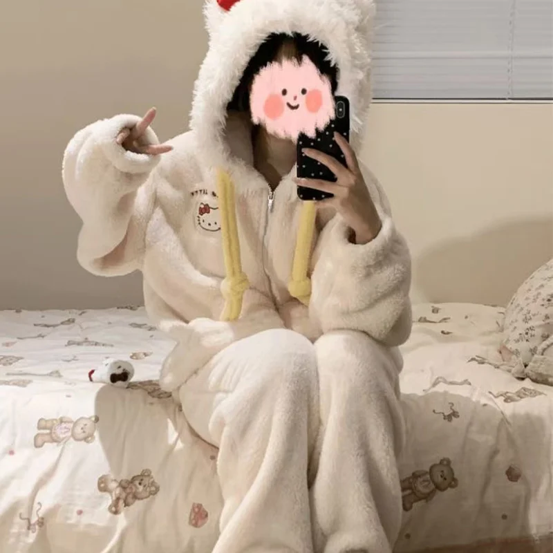 Kawaii سانريو الكرتون مرحبا كيتي مقنعين بيجامة من الصوف الفتيات الشتاء Homewear مع بطانة الصوف سميكة للدفء لطيف هدية #5
