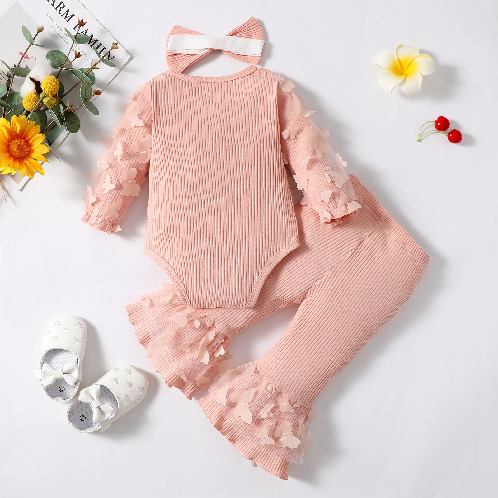 0-2 Year Old Newborn Baby Girls Spring Autumn Pink Long-sleeved Rompers  Bell-bottoms Trousers  Butterfly Netting  Fashion Suit