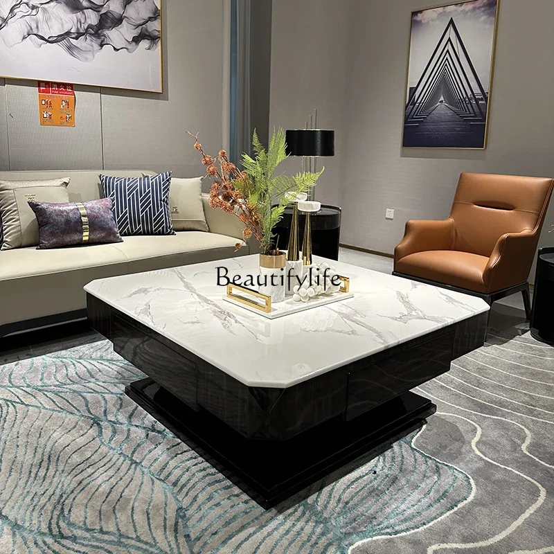 

01 Italian light luxury living room coffee table square solid wood marble tea table