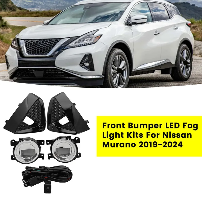 1Set Car Front Bumper LED Fog Light W/ Bulb Wiring Switch Kits For Nissan Murano 2019-2024 Driving Fog Lamp Cover Bezel