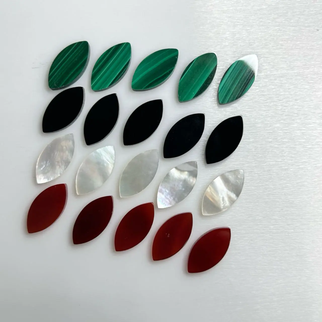 

50pcs 1 Bag Double Flat Marquise Shape 7x14.3x2.2mm Natural White MOP Onyx Carnelian Malachite Leaf Gemstones On Sale