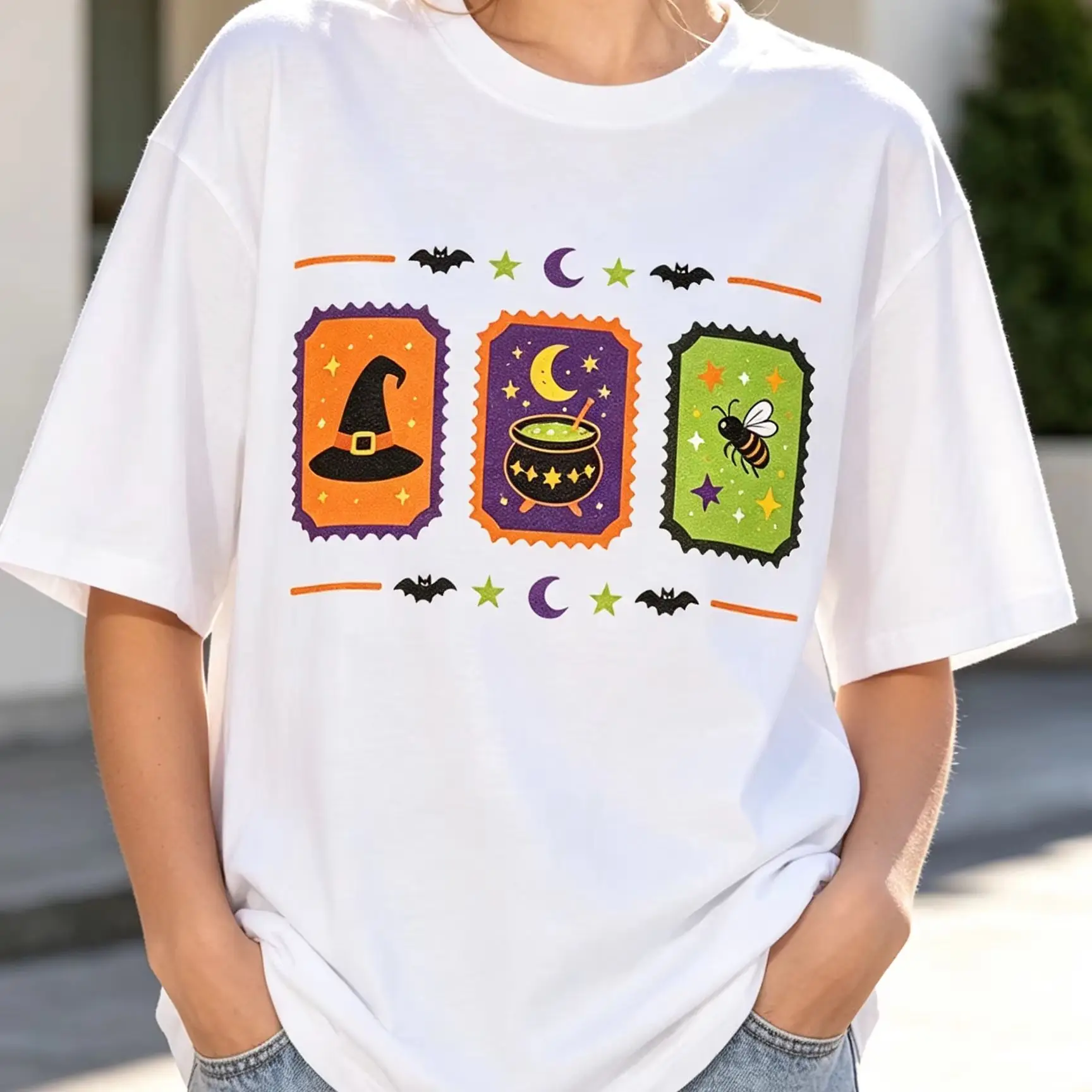 Women Halloween T Shirt Witch Hat Cauldron Bee Stamp Retro Bat Moon Graphic Loose Short Sleeve Tops