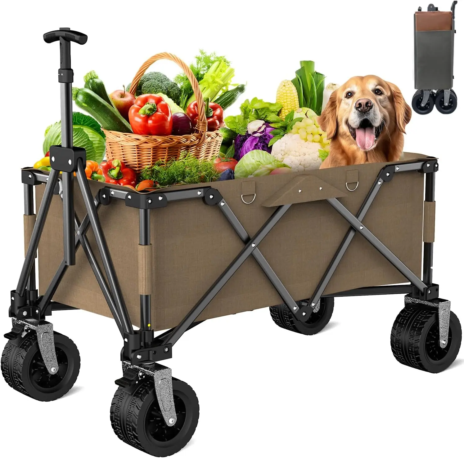 Heavy Duty Folding Wagon Cart with 330lbs Large Capacity,  Removable Wheels, Adjustable Handle, Built-in Double Bearing