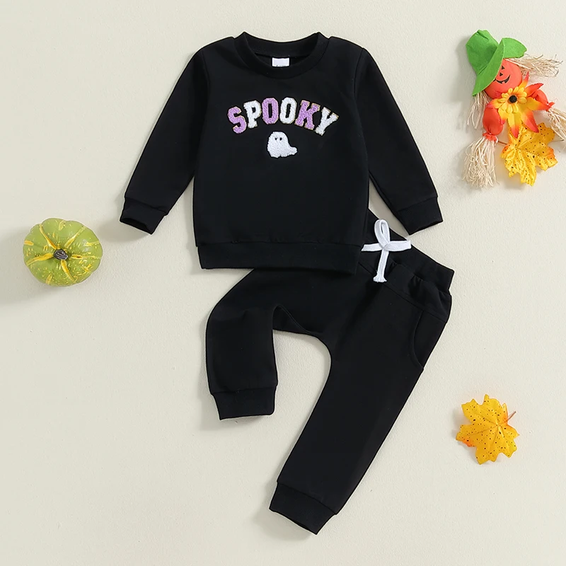 

Suefunskry Toddler Boys Halloween Outfits Long Sleeve Letter Ghost Embroidery Tops Solid Color Pants Sets