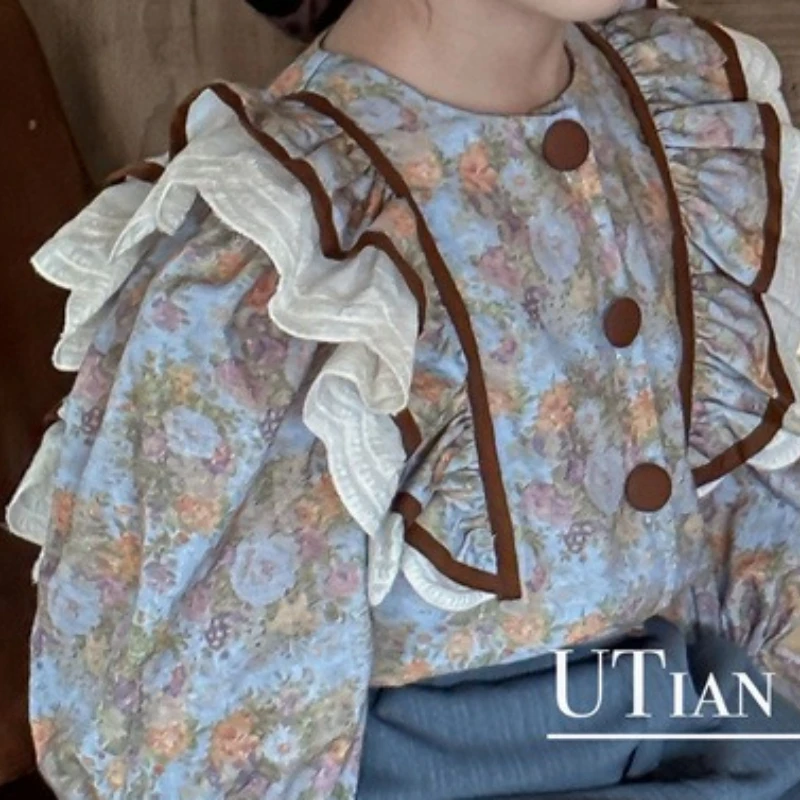 

Одежда для девочек в корейском стиле на весну и осень, стильный и милый модный топ с цветочным принтом