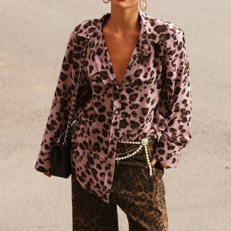 

Fashion Leopard Printed Women Shirts Long Sleeve Single Breasted Lapel Y2K Shirts Tops Office Lady Blouses Woman Tops Streetwear