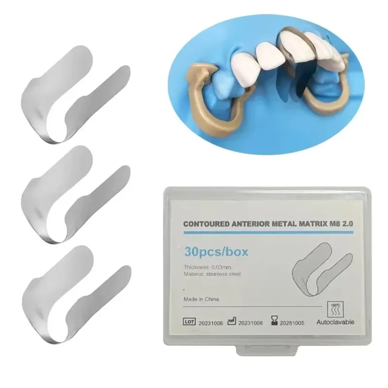 3Pcs/1Box Dental Matrix Anterior Matrix Bands Sectional Contoured Anterior Stainless Steel Metal Matrices M8 2.0