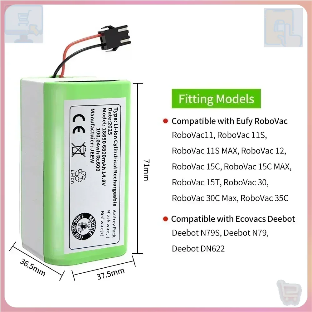* 4S1P 144V 6800mAh Paquete de batería de iones de litio de repuesto para Conga 990 1090 Ecovacs Deebot N79S N79 DN622 Eufy Robovac 11 11 S1