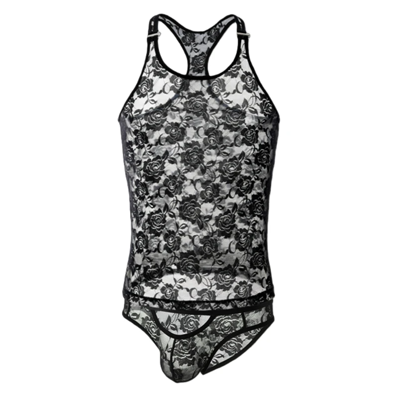 Men Sexy Lace Set Underwear Man O-neck I-shaped Vest Sissy Tanktops for Male Breathable Lingerie