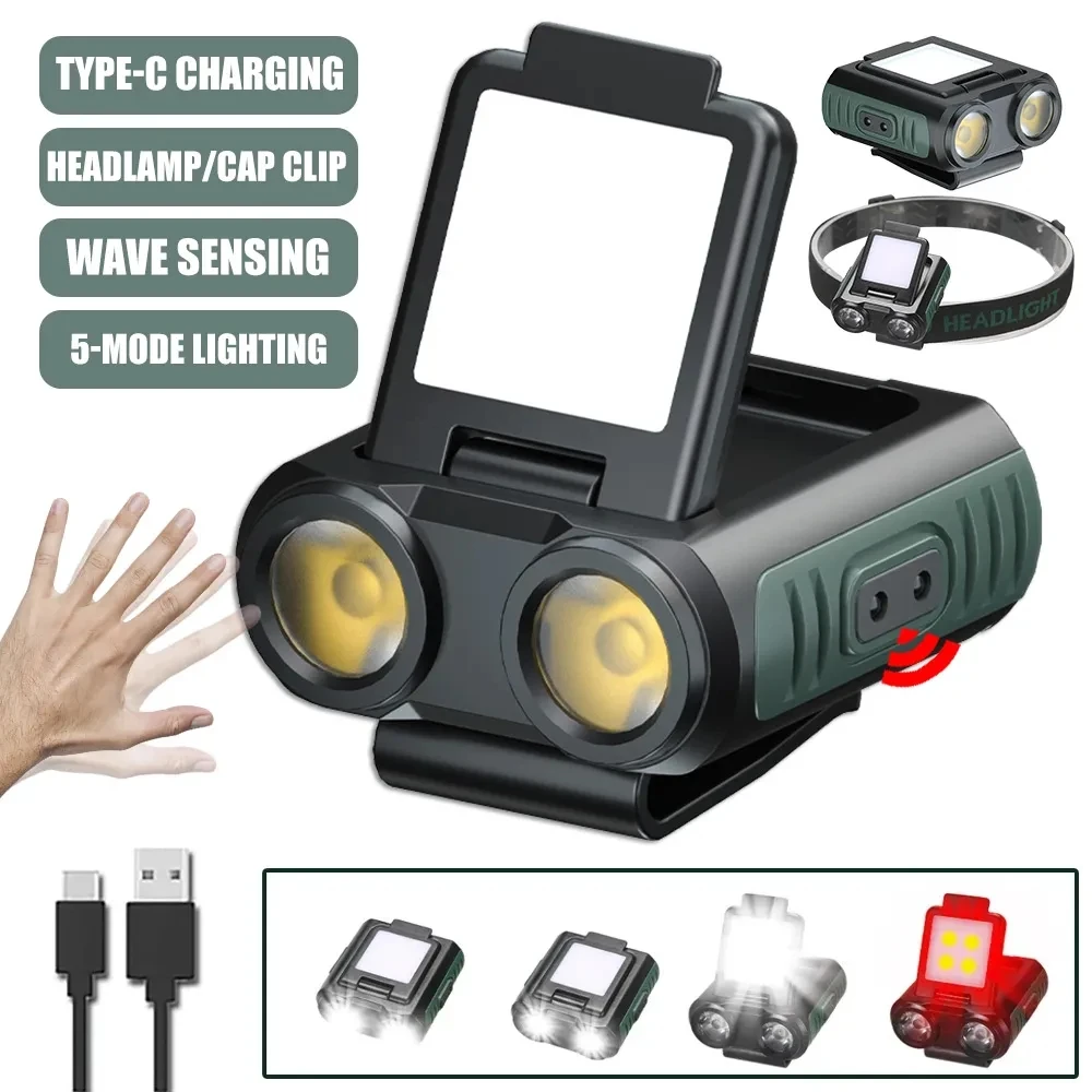 Linterna frontal LED de inducción, MINI tapa con Clip, batería integrada de 1200Mah, linterna de cabeza recargable por USB para Camping, linterna de pesca