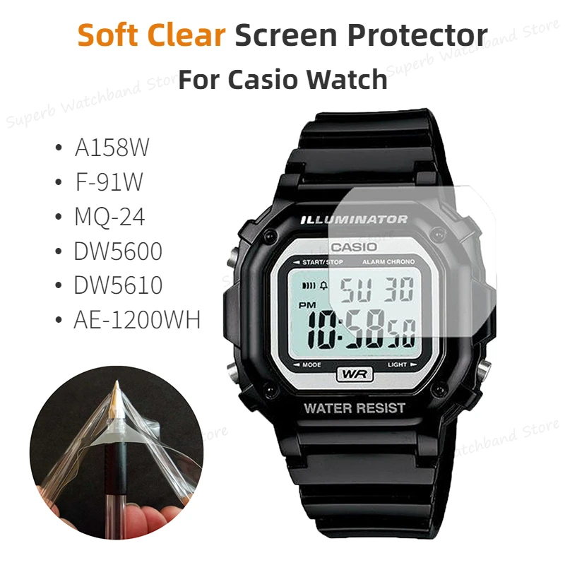 2pcs Screen Protector Soft Clear Film Not Glass Waterproof Fill Protectors for Casio A158W F-91W DW5600 5610 AE1200WH MQ-24